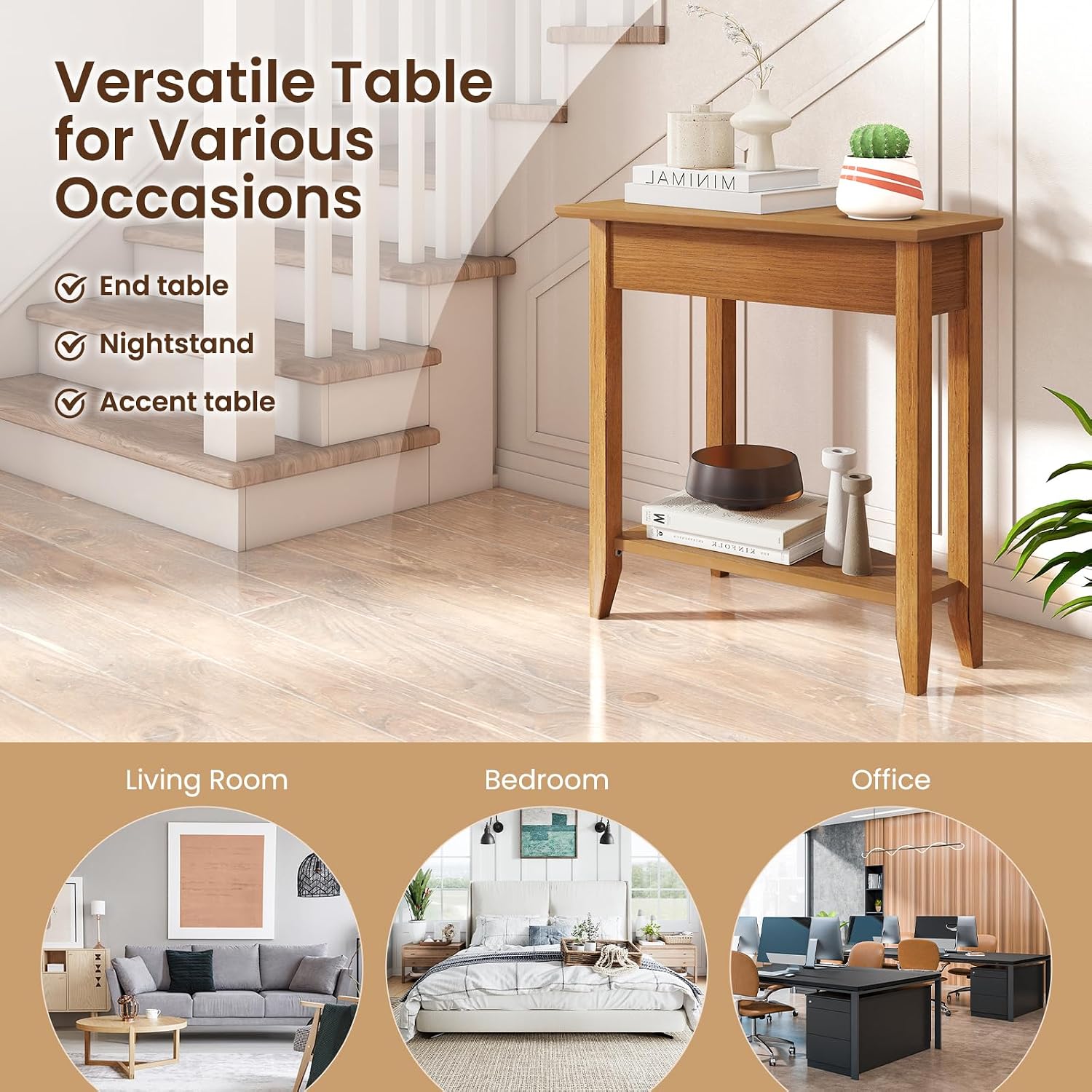 GOFLAME 2-Tier Wedge End Table, Narrow Triangle Side Table with Storage Shelf, Solid Wood Legs, Nightstand, Recliner Wedge Table for Living Room, Bedroom, Small Space, Rustic Walnut