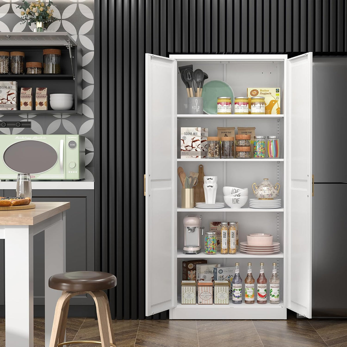 Steeloong 71"Metal Pantry Storage Cabinet with Doors & 4 Adjustable Shelves | Kitchen Pantry Cabinet,White Kitchen Cabinet with 2 Gold Handles,Tall Cabinet for Livingroom,Pantry, Bathroom,Kitchen