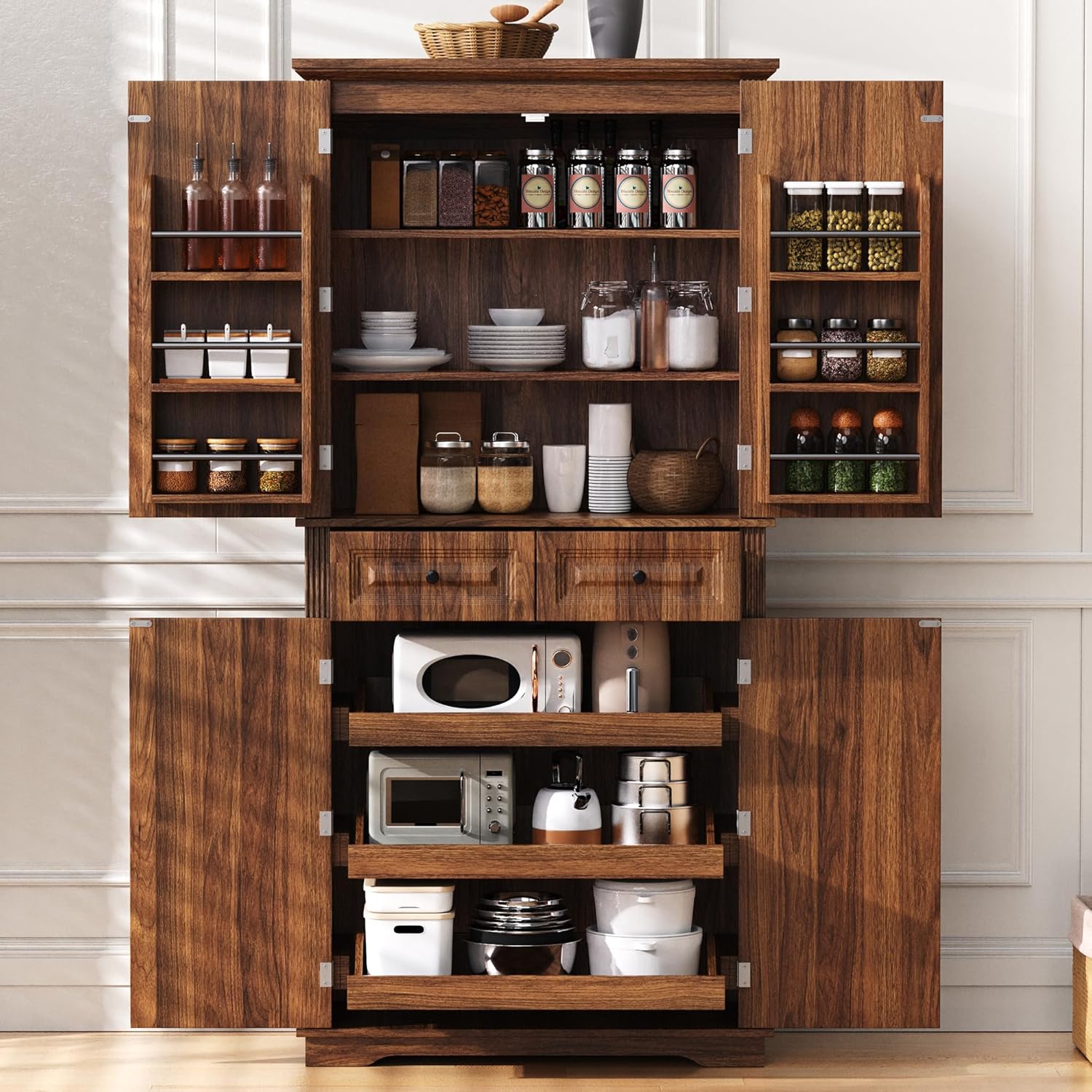 Polibi 71.2" Tall Kitchen Pantry Hutch with 3 Pull Out Cabinet Organizers,Farmhouse Embossed Texture Storage Cabinet with 6 Door Shelves,2 Drawers,Freestanding Cupboard for Kitchen, Dining Room,Brown