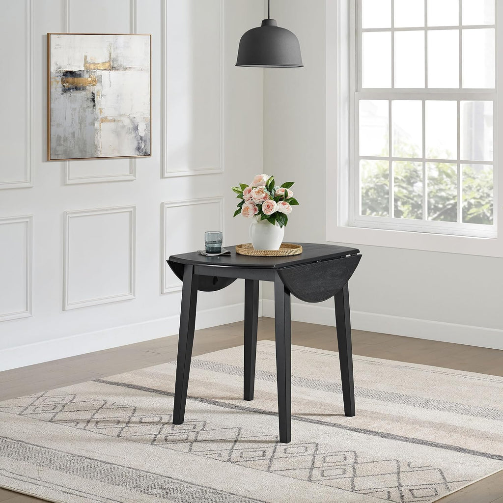 ROME + OAK Hinged Drop Leaf Dining Table, 22-36 Inch Round Tabletop with Sturdy Base, Black - Modern Solid Wooden Furniture Piece for Home