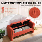 NIOIIKIT 52" Storage Ottoman Bench, Teddy Upholstered Storage Bench with Armrest, Entryway Bench with Pull-Ring, End of Bed Bench, Window Bench for Living Room (Orange)