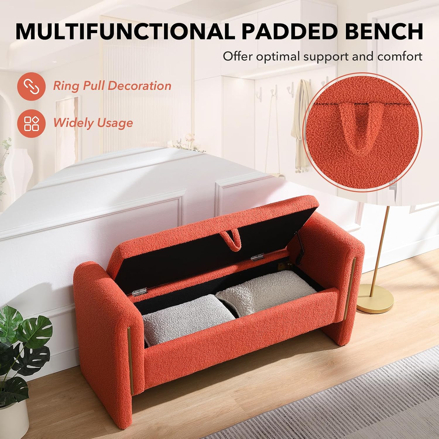 NIOIIKIT 52" Storage Ottoman Bench, Teddy Upholstered Storage Bench with Armrest, Entryway Bench with Pull-Ring, End of Bed Bench, Window Bench for Living Room (Orange)