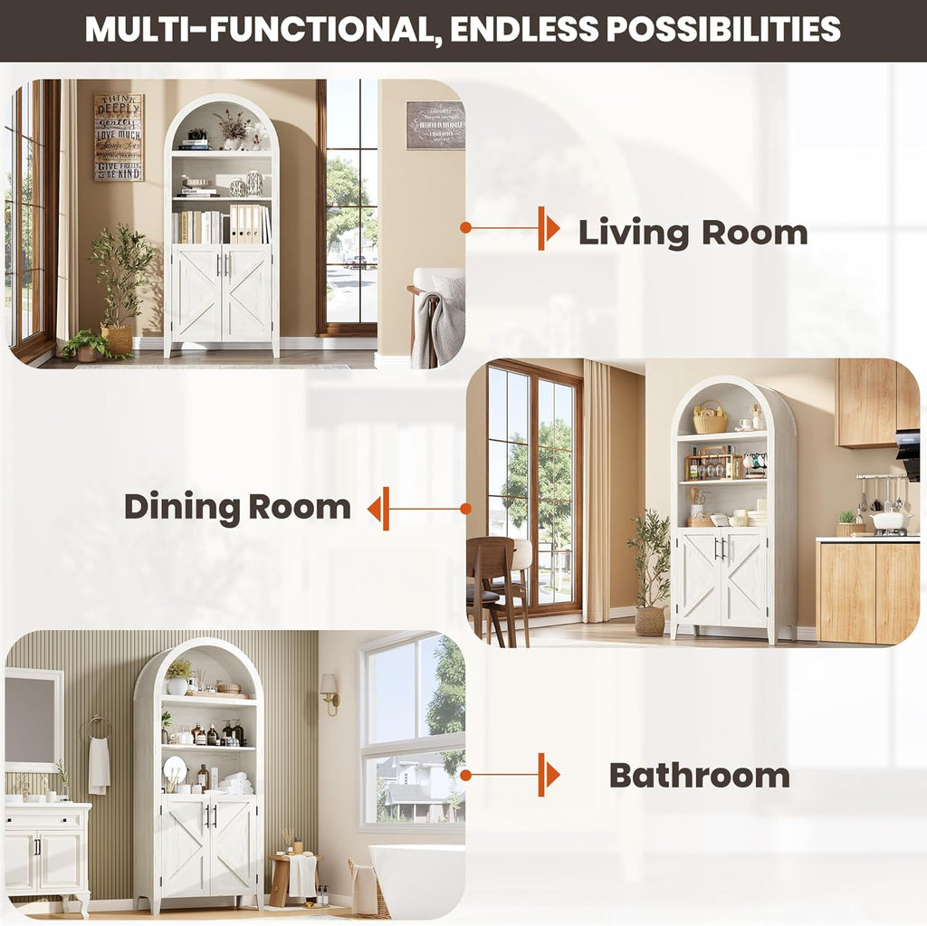 Garvee Arched Cabinet with Doors, 5-Tier Kitchen Pantry Cabinet with Adjustable Shelves, Wooden Open Farmhouse Storage Organizer for Kitchen, Dining Room, Living Room, Home Office, White