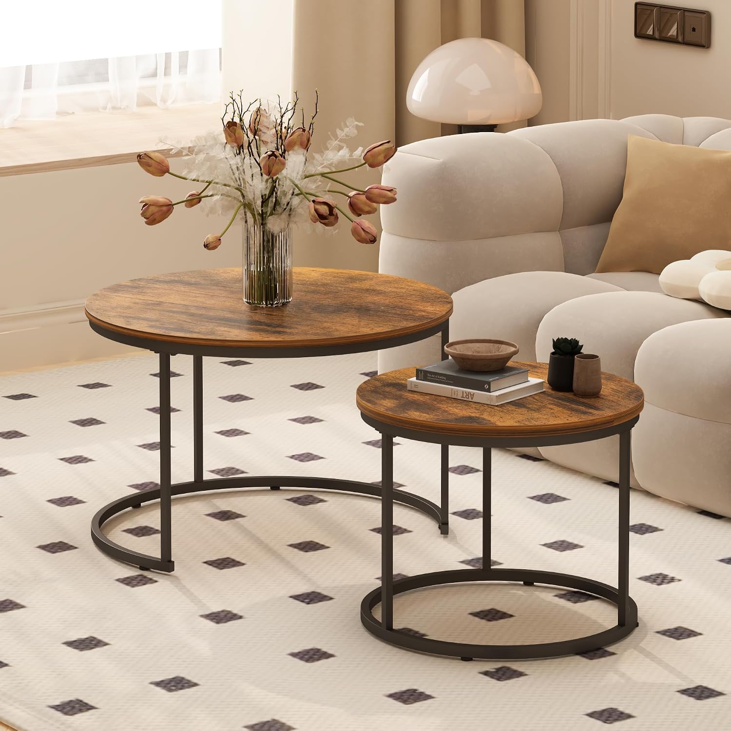 27.6" Round Nesting Coffee Table Set of 2, Rustic Wood Top & Metal Frame | Set of 2 round nesting coffee tables with metal frames and 120 lb capacity. Space-saving stacking design for living rooms
