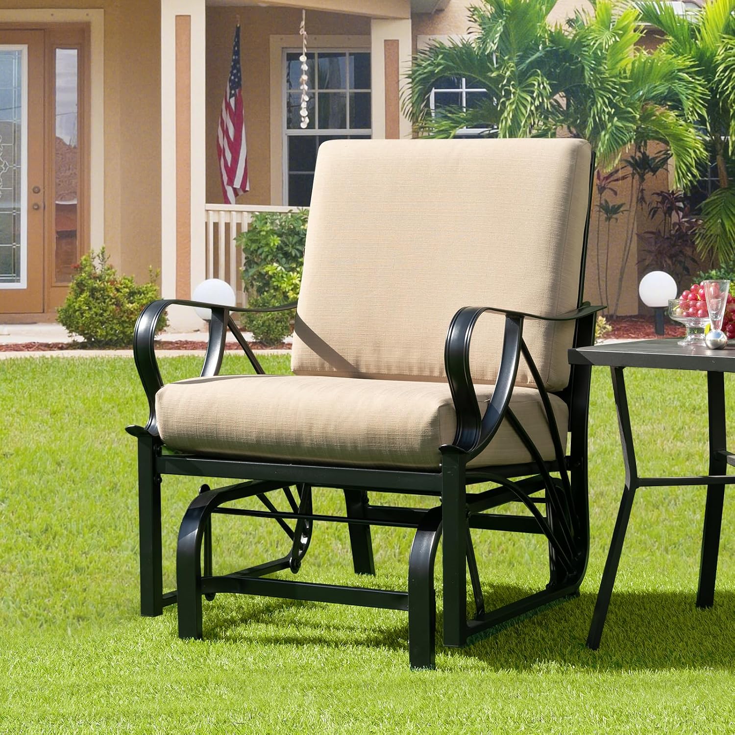 GIANTEX Patio Glider, Outdoor Rocking Chair with Thick Cushion | Sprayed Metal Frame, Curved Armrest, Glider Swing Chair for Garden, Yard, Lawn, Porch Rocker