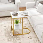 Giantex C Shaped End Table Set of 2, Modern Sofa Side Table with Faux Marble Tabletop & Storage Shelf, Slide Under Sofa Bed, 2-Tier Couch Table for Small Spaces Living Room Bedroom, White