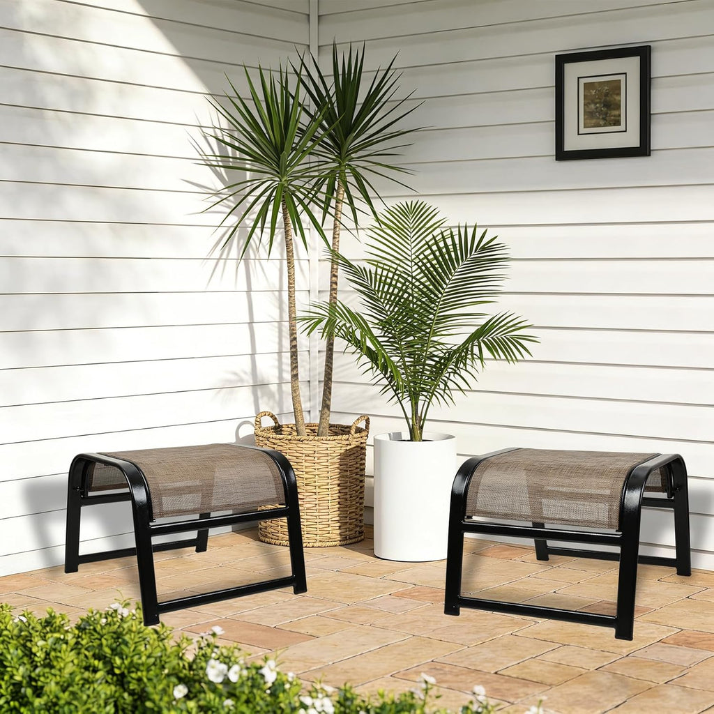 Assembled Patio Footstools for Outdoor 2 Set, Iron Breathable Ottoman for Garden Greige
