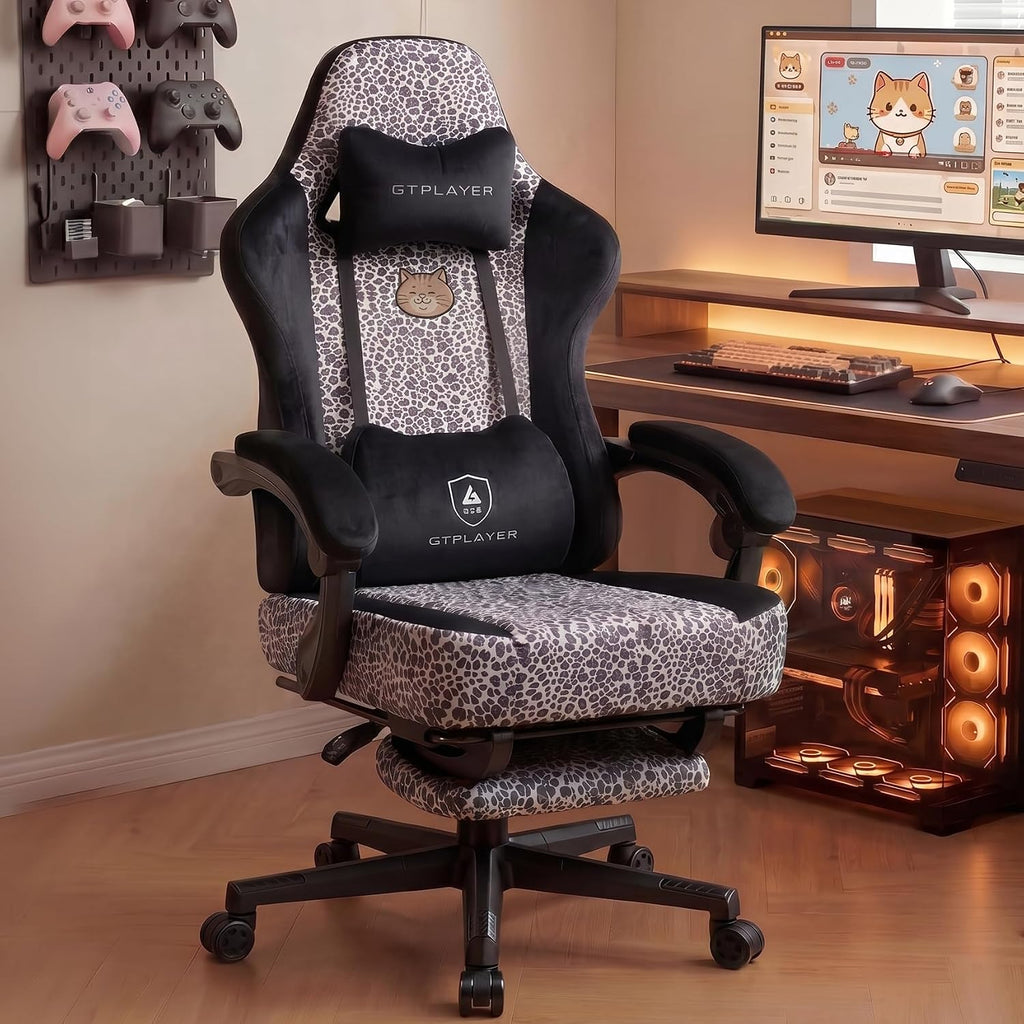 GTPLAYER Gaming Chair with Leopard Print Cat, Cute Velvet Fabric Ergonomic Office Chair with Footrest Headrest and Lumbar Support, Big and Tall Comfortable Video Gamer Chair for Women Gift