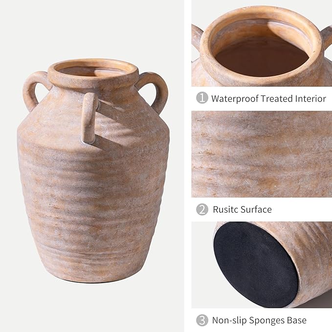 Vintage Terracotta Ceramic Vase with Handles, Rustic Beige Pottery Tulip Vase for Cottage Core Home Mantle Decor, Farmhouse Table Centerpieces, Large Bulk Flower Vases Jarrones Decorativos para Sala