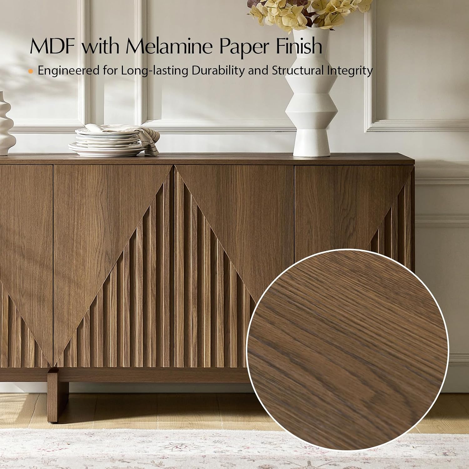 HULALA HOME Mid Century Modern Solid Wood Sideboard with Triangle, 4 Door Fluted Buffet Cabinet with Storage, 58" Sideboard Cabinet with Adjustable Shelves, Walnut