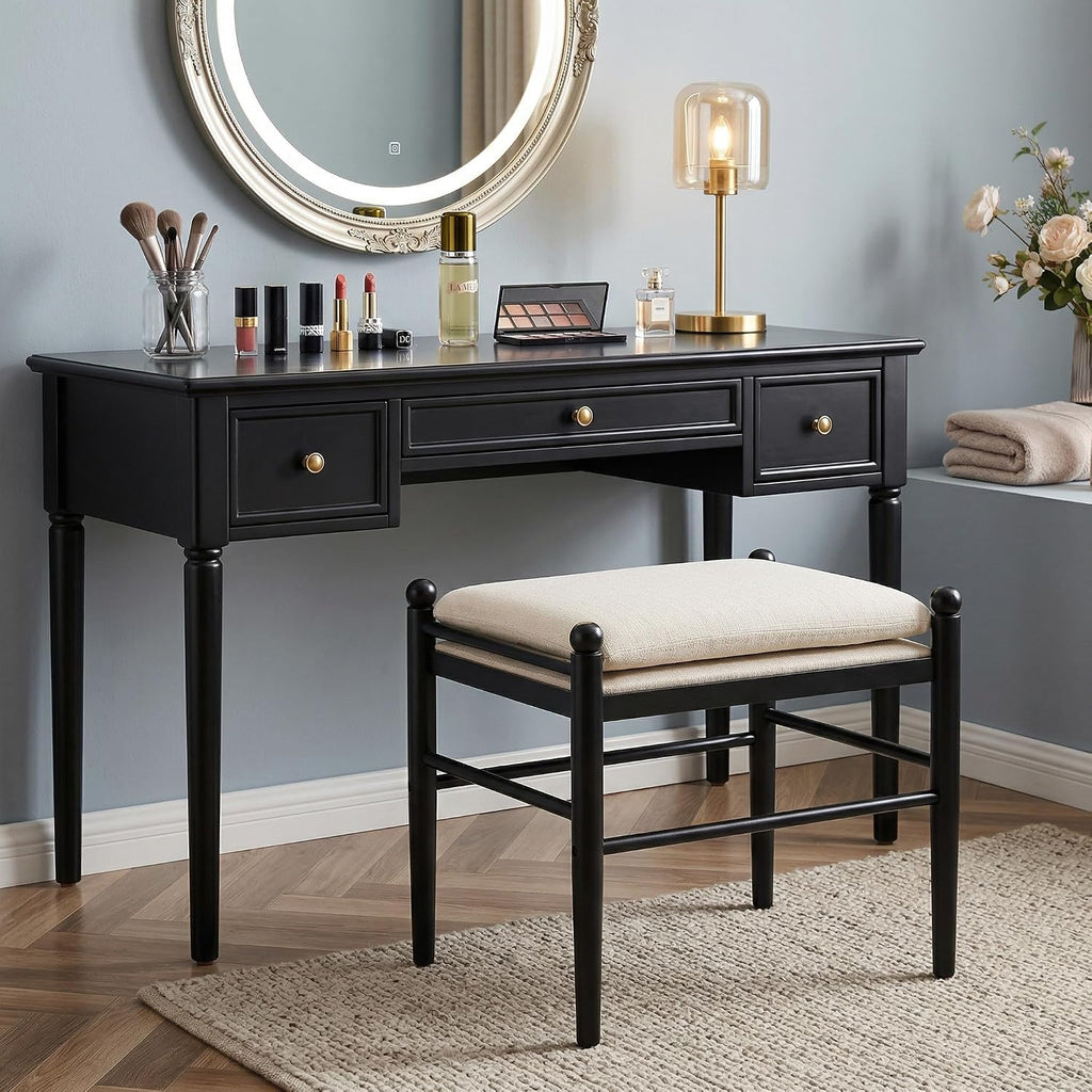 Kmax Ottoman Bench, 19 Inch Tall Vanity Makeup Chairs No Wheels, Upholstered Ktichen Chairs Backless Wooden Side Chairs for Dining Room, Extra Seating for Living Room - Linen, White