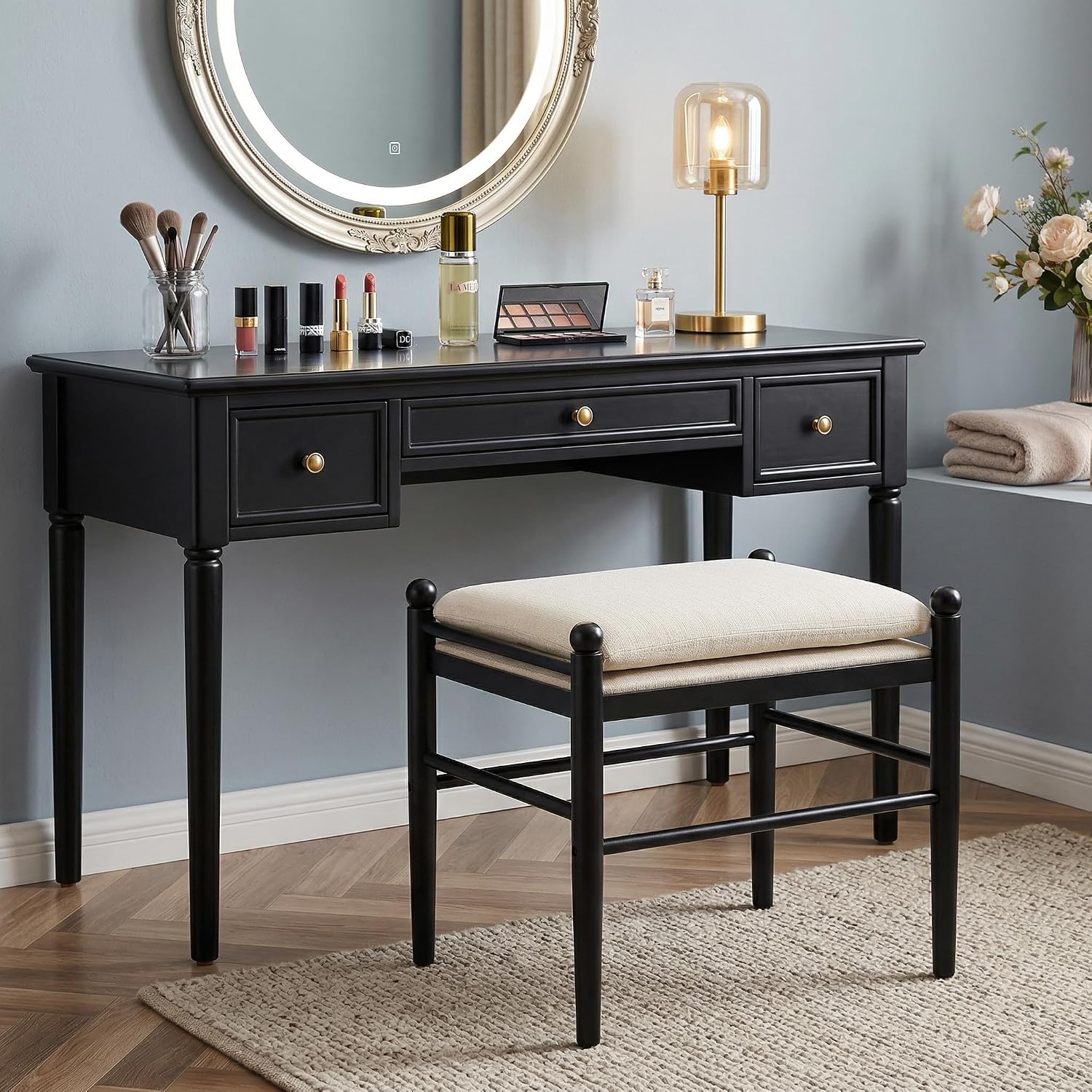 Kmax Ottoman Bench, 19 Inch Tall Vanity Makeup Chairs No Wheels, Upholstered Ktichen Chairs Backless Wooden Side Chairs for Dining Room, Extra Seating for Living Room - Linen, White