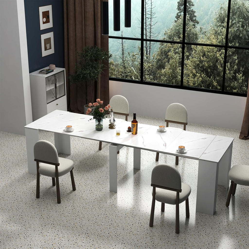 JOYSOURCE Extendable Dining Room Table for up to 12 People 20-119 inch Adjustable Large Extra Long Rectangular Space Saving Folding Dinner Table for Kitchen, Dining Room White Marble Finish