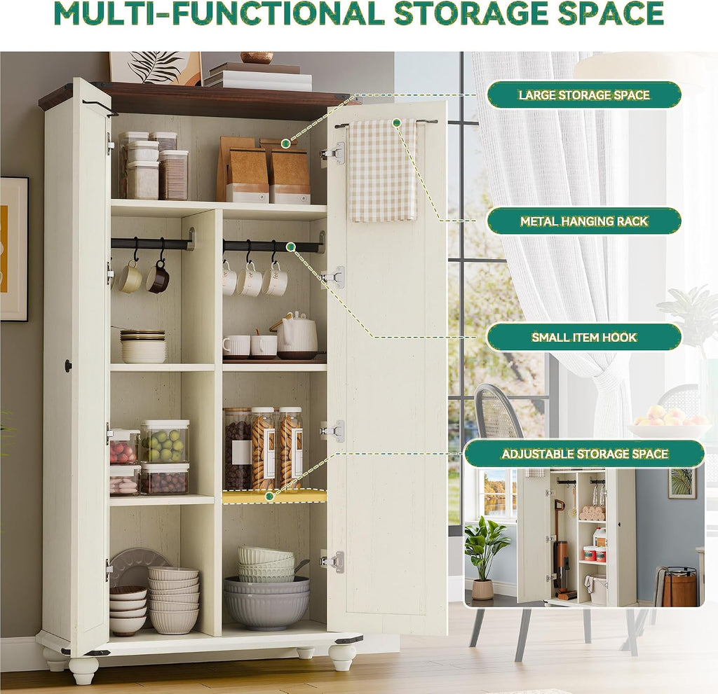YITAHOME 67" Kitchen Pantry Cabinet, 4 - Tier Cupboard with Adjustable Shelves, Hooks & Detachable Hanging Rods, Buffet Sideboard for Living & Dining Rooms, White