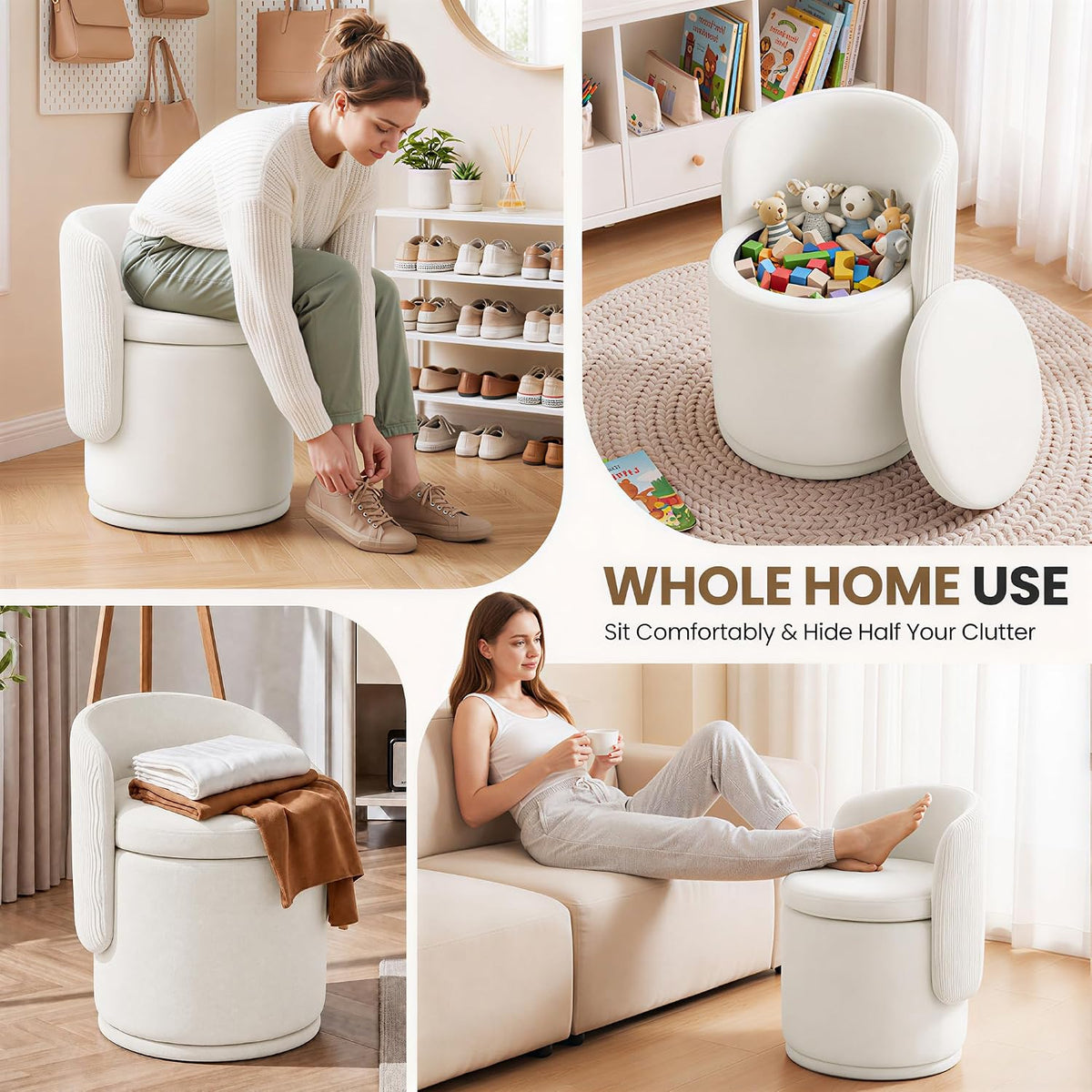 MALOL Ottoman with Storage, Swivel Vanity Stool with Back | 13GAL Velvet Makeup Stool with Reversible Lid, Multi-Functional Makeup Footstool for Bedroom, Beige