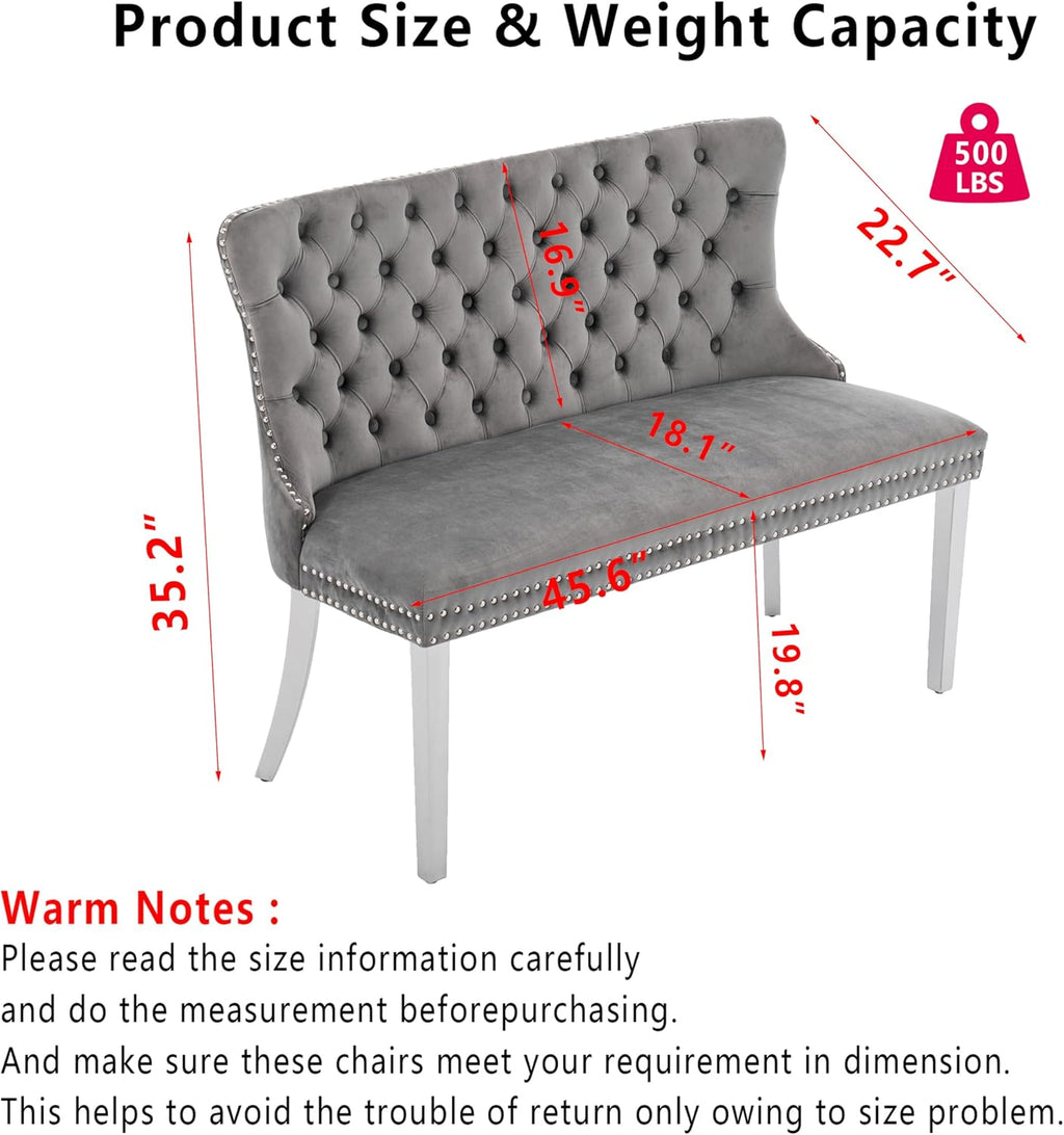 Upholstered Dining Bench with Back Tufted Settee Benches Small Loveseat Sofa Couch for Small Spaces,Entryway,Banquettee Seating Sofa Benches with Backrest (Grey+Silver Legs, Dining Bench)