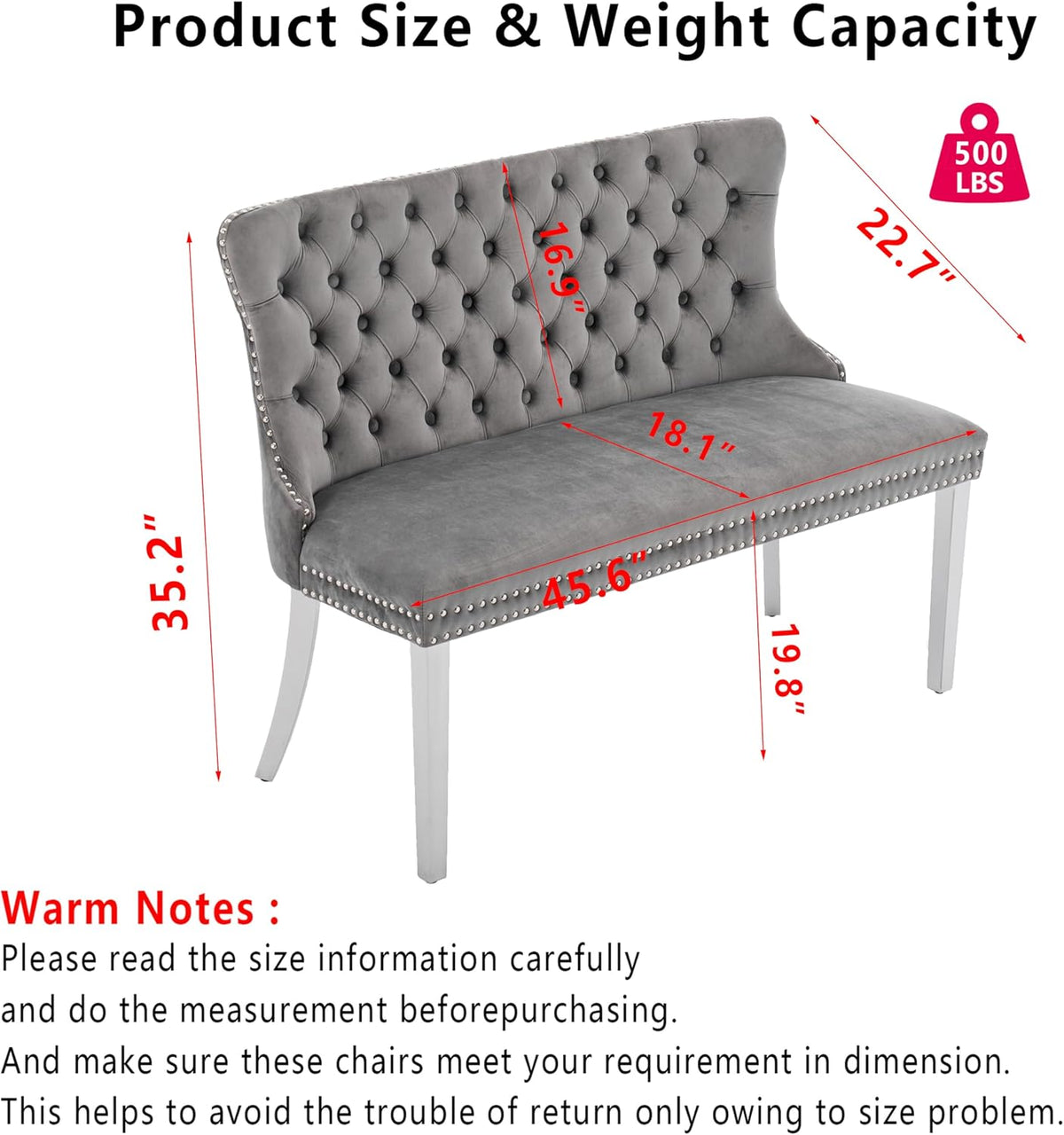 Upholstered Dining Bench with Back Tufted Settee Benches Small Loveseat Sofa Couch for Small Spaces,Entryway,Banquettee Seating Sofa Benches with Backrest (Grey+Silver Legs, Dining Bench)