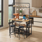Kitchen Microwave Stand Coffee Bar Table with Storage, Natural | Small Kitchen Island with Power Outlet, 2 Bar Stools ＆ 5 Hooks, adjustable Industrial Bakers Rack for Apartment Dining Room