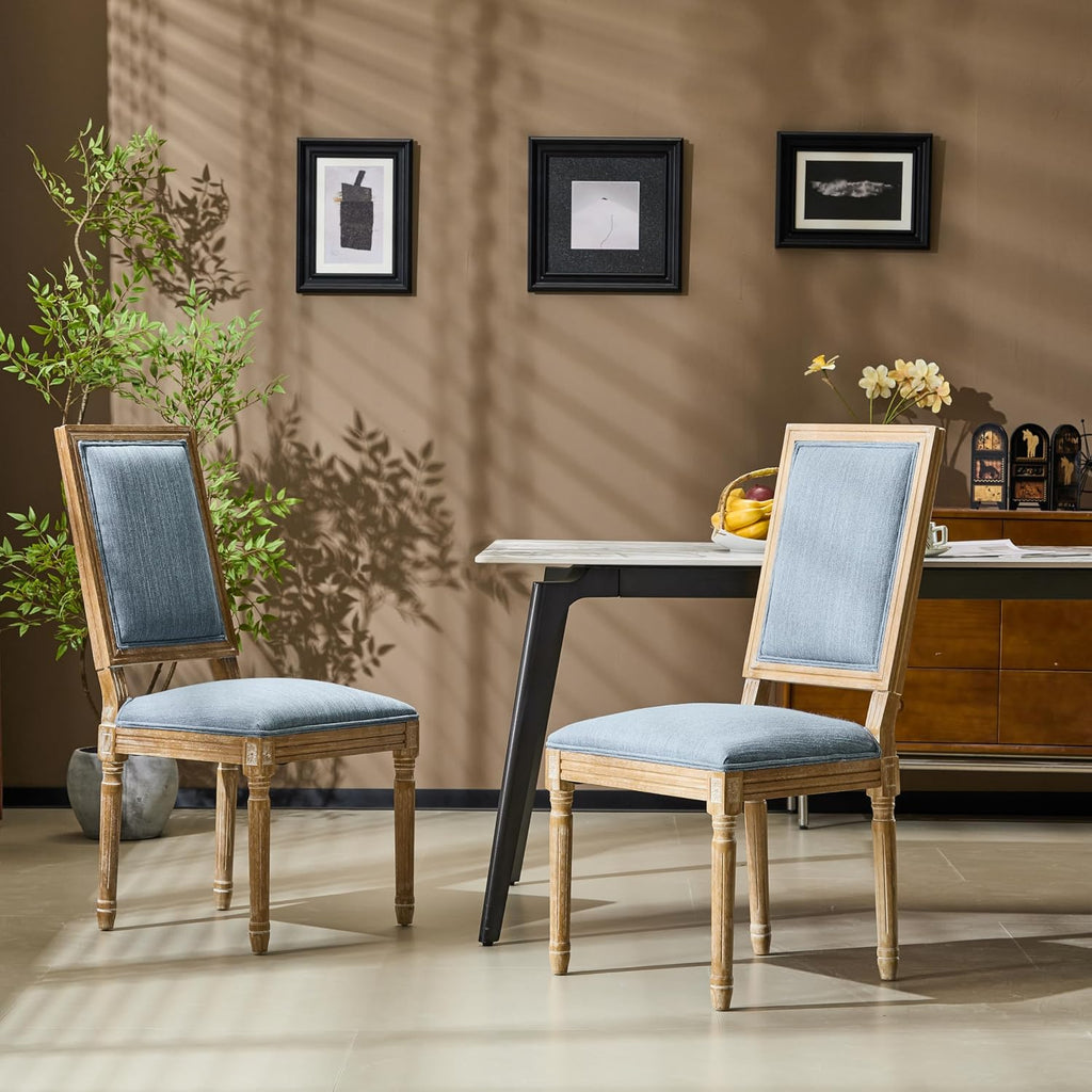 Christopher Knight Home Regina French Country Dining Chairs Set of 2, Wooden Dining Room Chair, High Back Kitchen Side Chair, Fabric Upholstered Armless Extra Seat, Slate Blue