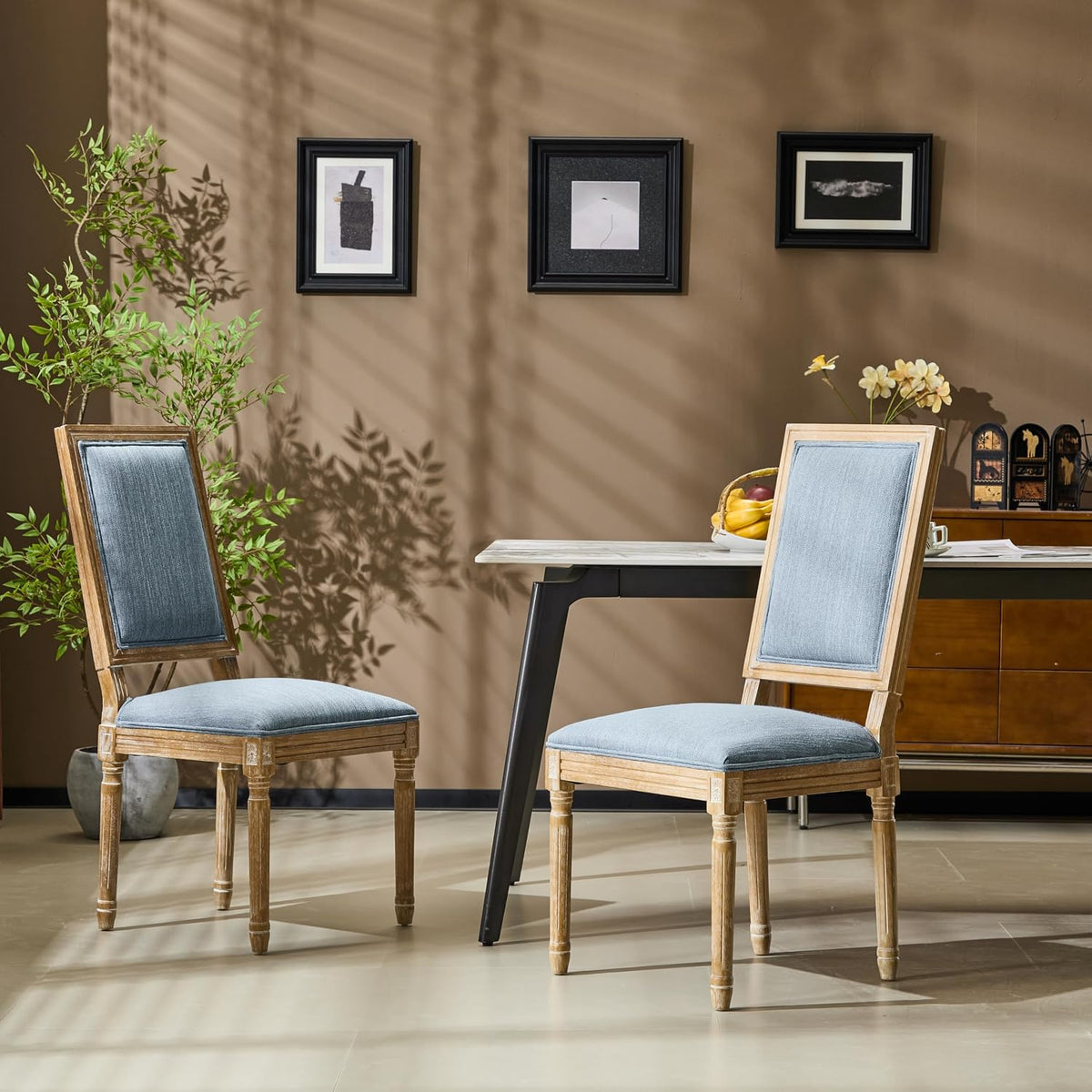 Christopher Knight Home Regina French Country Dining Chairs Set of 2, Wooden Dining Room Chair, High Back Kitchen Side Chair, Fabric Upholstered Armless Extra Seat, Slate Blue