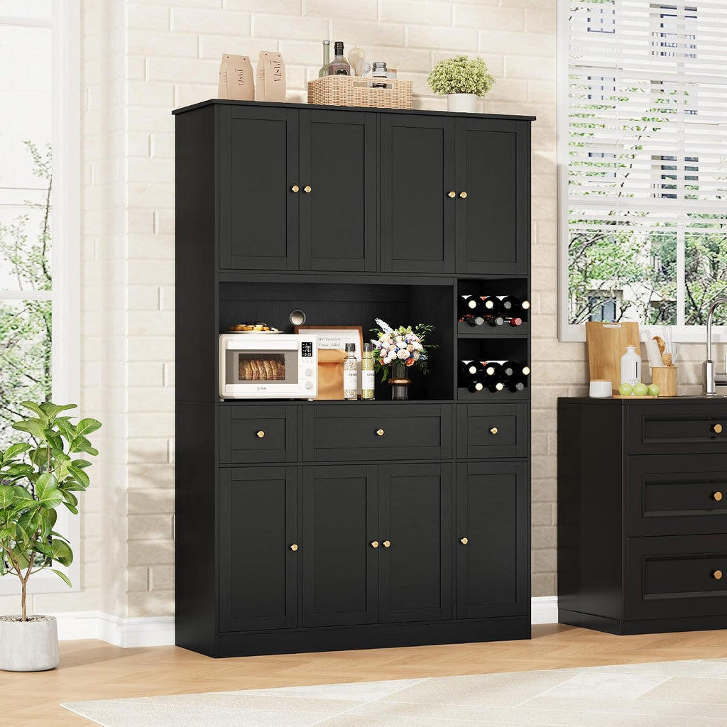 BOTLOG 72" Tall Black Pantry Cabinet with Wine Rack, Microwave Stand | Kitchen Hutch with 8 Doors and 3 Drawers for Dining Room Kitchen, Home Bar Black
