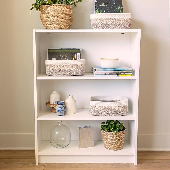 NaturalCozy 11.8"x8"x4.5” Storage Baskets for Shelves 3 Pack | Cotton Rope Woven Small Baskets for Organizing | Small Storage Bins for Nursery, Bathroom, Closet, Cube Shelf, Decorative, Gift Basket