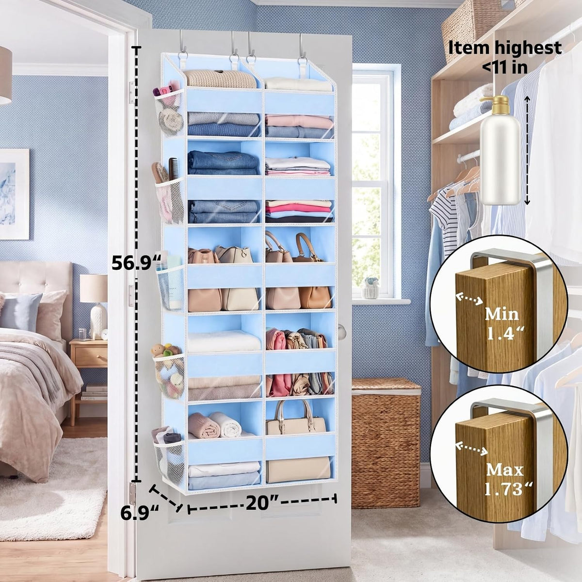 Blue Over the Door Organizer 5 Tiers, Extra Large Behind Door Storage of 10 Compartments, 80 lbs Weight Capacity Hanging Storage Organizer with Clear Window Kids Toys, Shoes, Diapers, Room storage