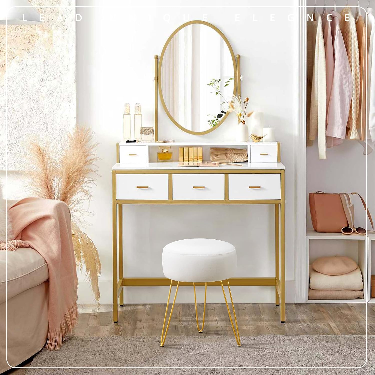 LUE BONA Vanity Stool, White Vanity Stools for Makeup Room, Round Ottoman Foot Stool, Velvet Footrest Vanity Chair for Bathroom Vanity, Bedroom, Living Room, Entryway, Offices