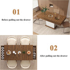 Dining Table with Drawers for 4-6 People, 55 Inches Dinner Table with Led Lights Wooden Pedestal Base, Rectangular Kitchen Table for Kitchen, Living Room, White& Rustic Brown