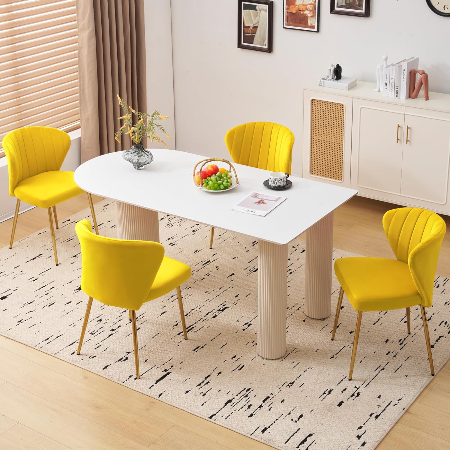 Velvet Dining Chairs Set of 2, Modern Upholstered Vanity Chairs with Golden Metal Legs for Dining Room Kitchen Vanity Patio (Yellow)