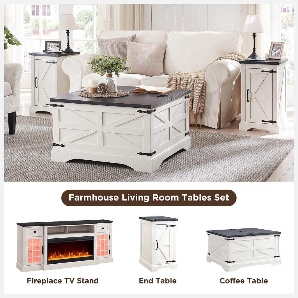 JXQTLINGMU 3-Piece Farmhouse Coffee Table and End Table Sets, Includeds 36" Lift Top Square Coffee Table w/Storage & 2 Rustic Wood End Tables w/Charging Station & Barn Doors for Living Room, White