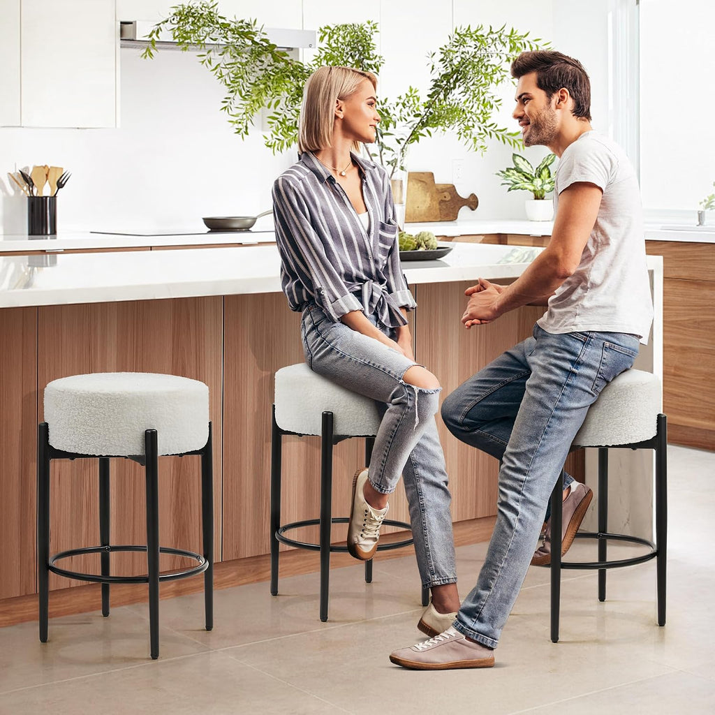 Murago Counter Height Bar Stools, Set of 2, 24" Modern Backless Bar Stools, Ideal for Kitchen Counter, Kitchen Island, Boucle Sherpa Padded Cover, with Round Soft Seat and Foot Rest, White