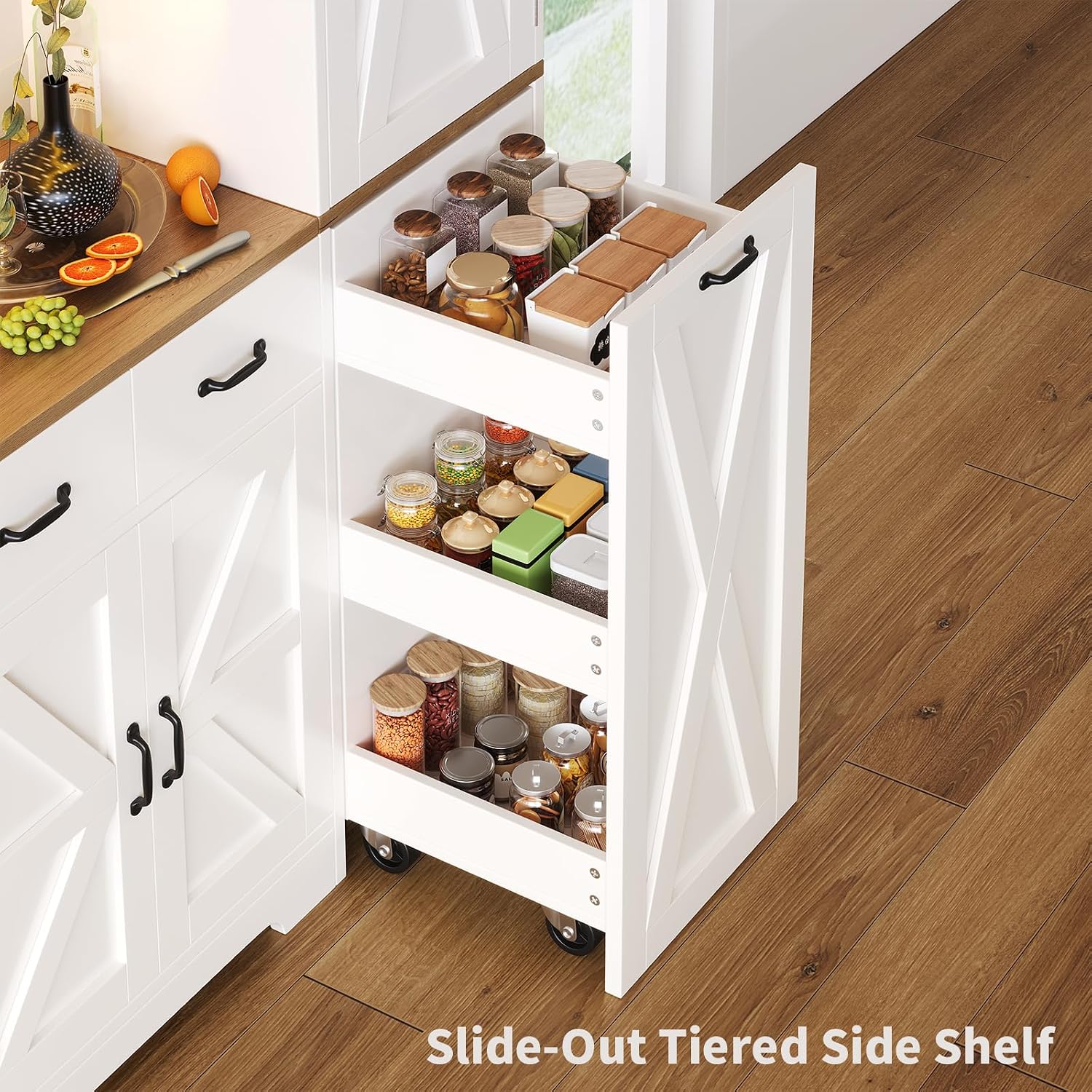 70.9" Tall Farmhouse Pantry Cabinet with Pull-Out Storage Cart & LED Lights, Large Kitchen Hutch with Charging Station, 9 Doors 4 Drawers Adjustable Shelves for Dining Living Room, White