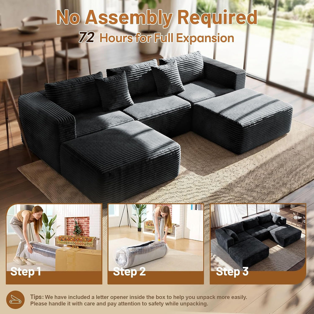 110" Modular Sectional Sofa with 2 Ottomans, U Shaped Cloud Couch for Living Room, Deep Seat Corduroy Floor Sofa, No Assembly Required, Compressed Couch, 5 Seat, Grey