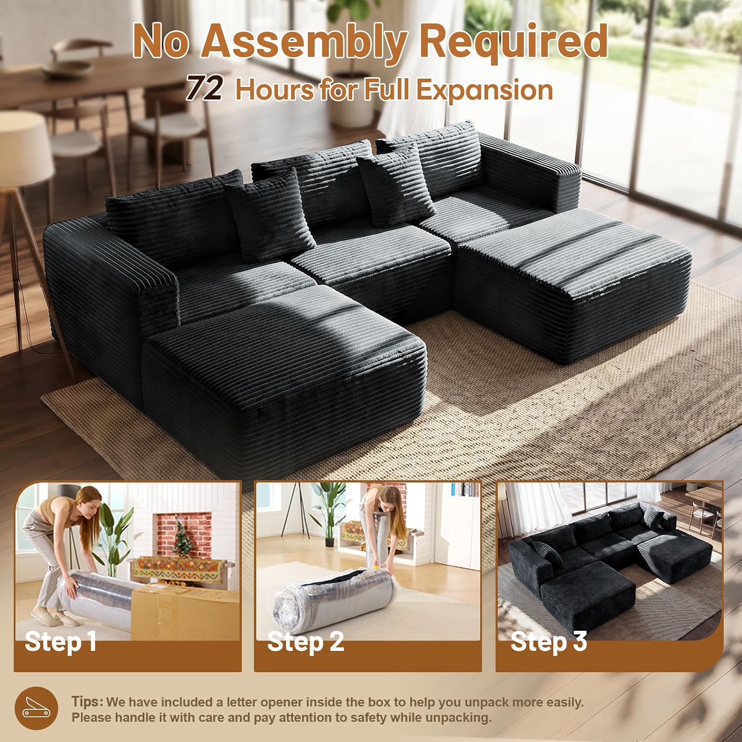 110" Modular Sectional Sofa with 2 Ottomans, U Shaped Cloud Couch for Living Room, Deep Seat Corduroy Floor Sofa, No Assembly Required, Compressed Couch, 5 Seat, Grey