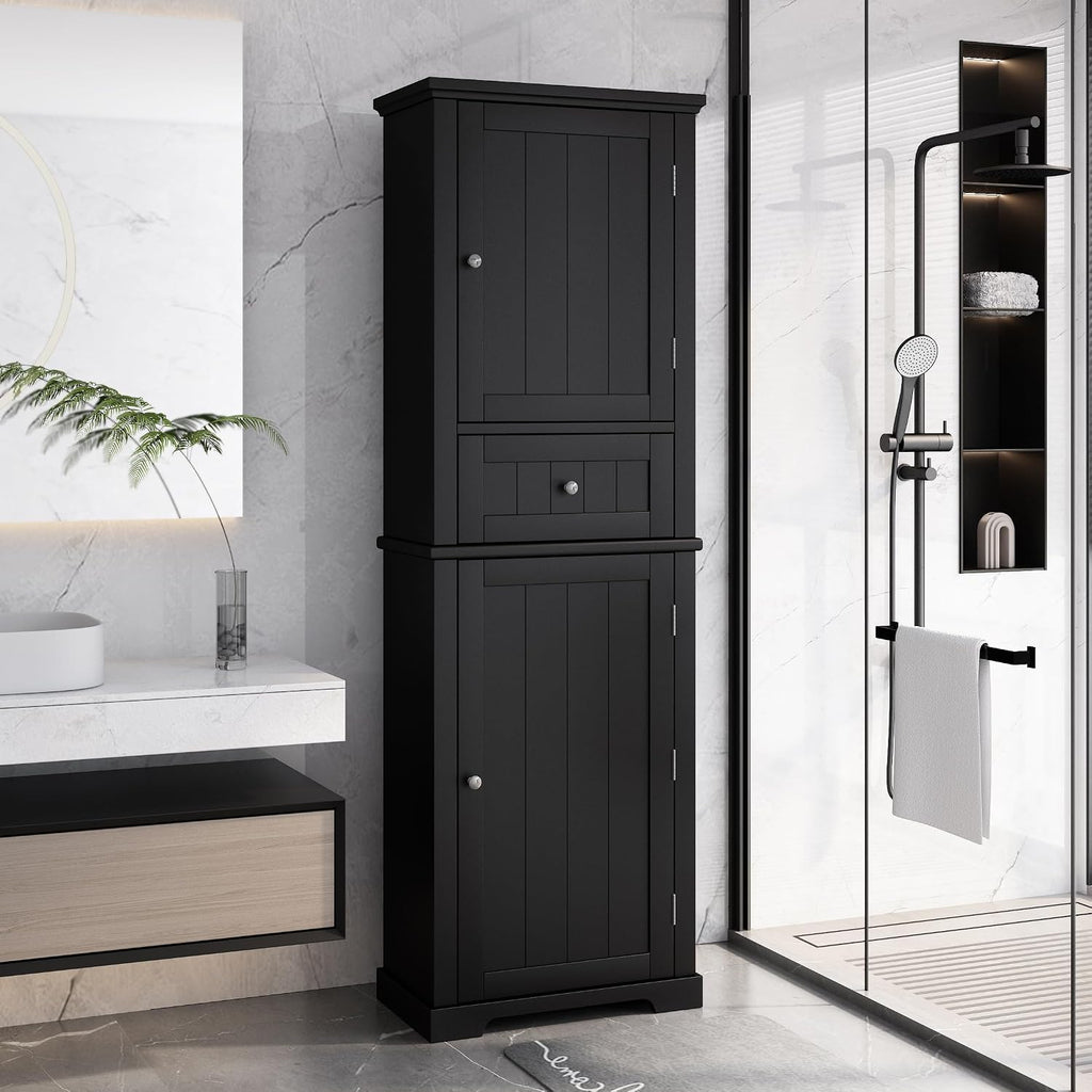 Merax 67.3" Pantry Cabinet with Three Doors & One Drawer, Adjustable Shelves Storage Cupboard for Kitchen/Dining Room/Bathroom, Black