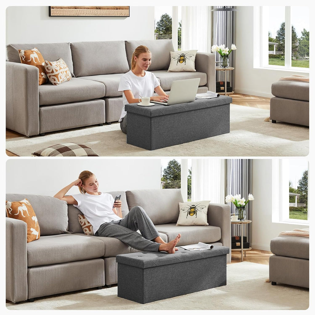 DUMOS 43 Inch Folding Storage Ottoman Bench, Upholstered Ottoman with Storage Holds 660 lbs, End of Bed Foot Rest Stool for Bedroom, Living Room, Entryway, Linen Fabric, Grey