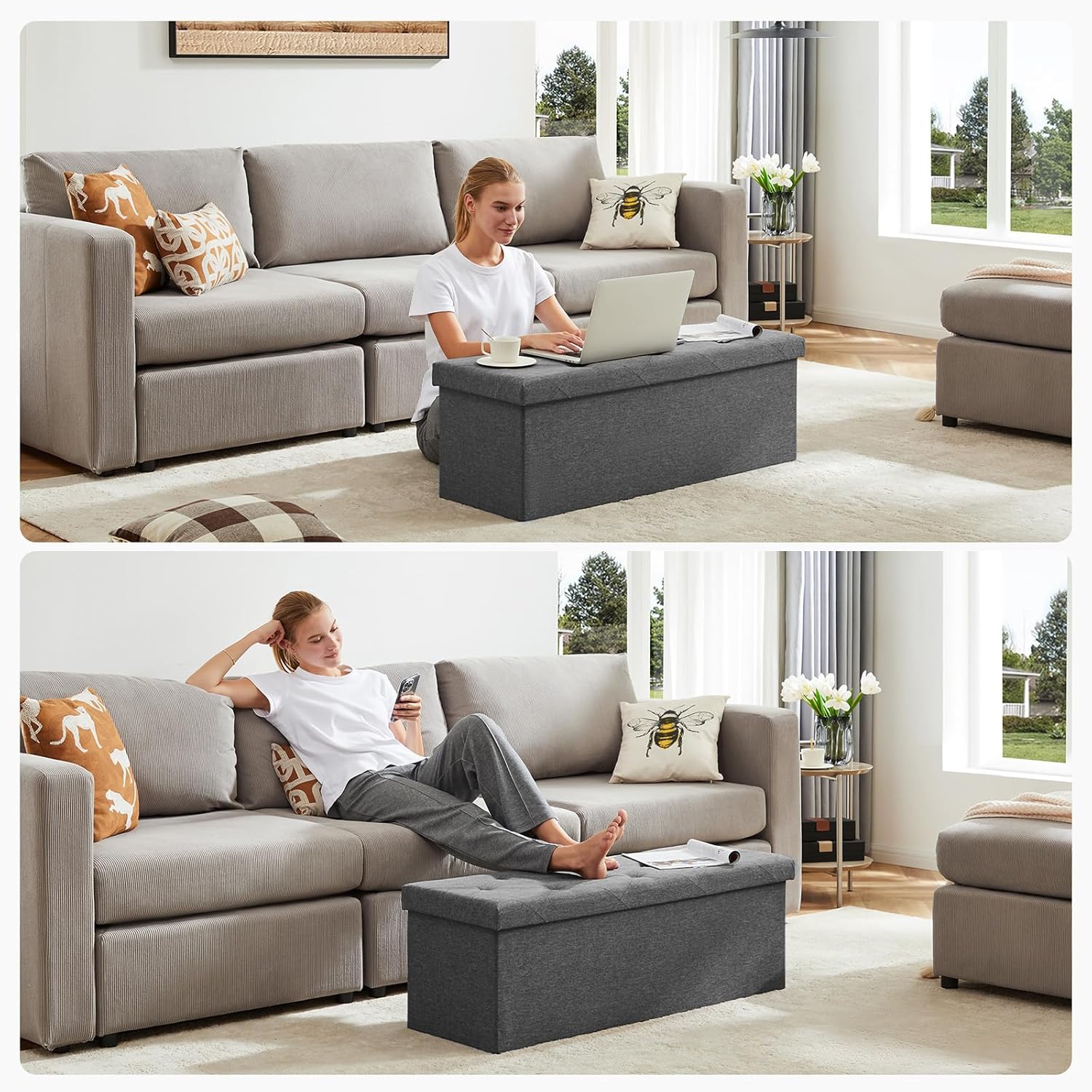 DUMOS 43 Inch Folding Storage Ottoman Bench, Upholstered Ottoman with Storage Holds 660 lbs, End of Bed Foot Rest Stool for Bedroom, Living Room, Entryway, Linen Fabric, Grey