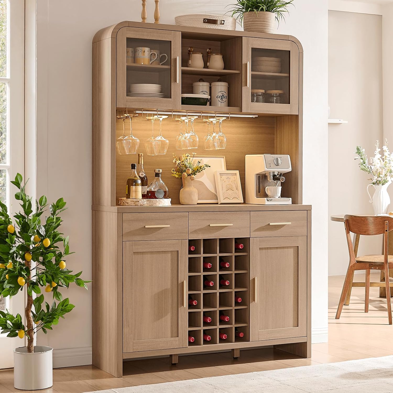 77" Tall Pantry Cabinet & Coffee Bar Cabinet with Storage,Natural Oak | Wine Cabinet for Dining Room Home with LED Lighting & Charging Station, Bar Cabinets for Kitchen,Dining Room, Living Room