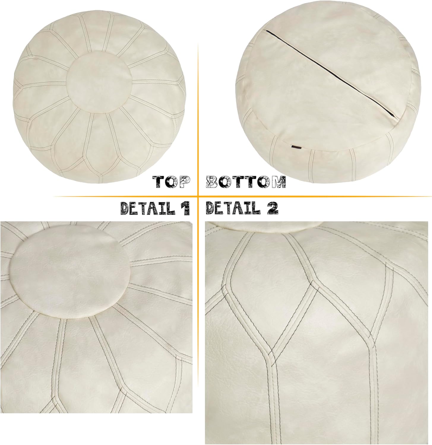 Thgonwid Unstuffed Moroccan Faux Leather Pouf Ottoman Cover with Storage - Boho Chic Multi-Use Footrest for Living Room, Bedroom, Patio - Round Ethnic Floor Cushion & Decorative Accent, Ivory