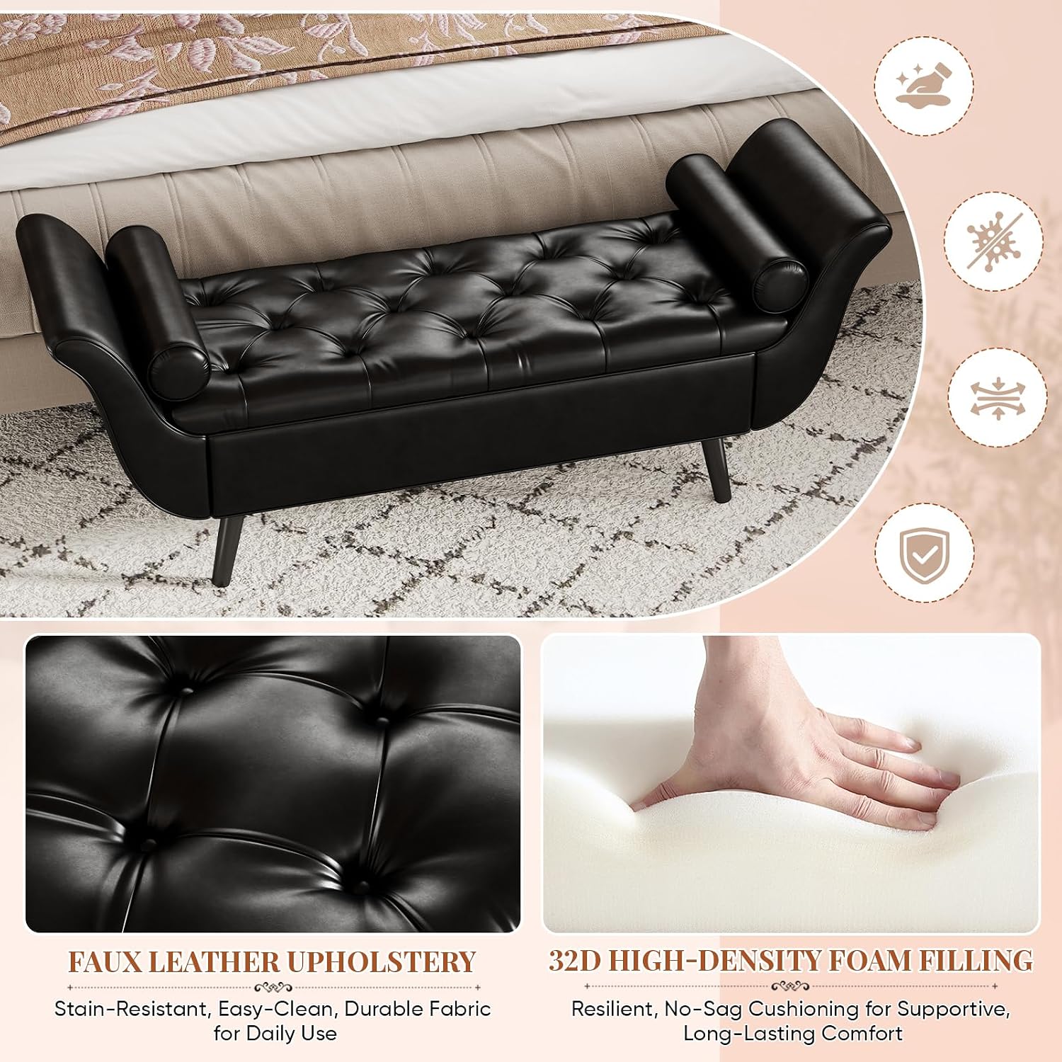 Faux Leather Storage Bench for Bedroom End of Bed, 65-Inch Rolled Arm Upholstered Bench with Hidden Storage, Black End of Bed Bench with Sturdy Wood Frame, Space-Saving Entryway Ottoman Seat (Black)