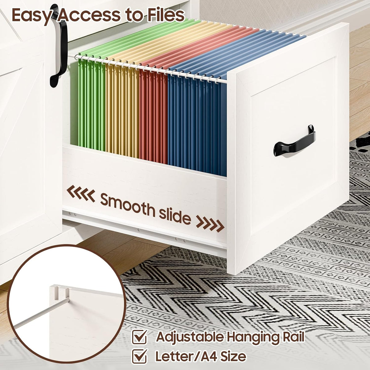 Befrases File Cabinet 3 Drawers Lateral File Cabinet with Adjustable Shelf for Letter/A4 Size Hanging Files, Large Wood File Storage Cabinets Printer Stand for Home Office, Rustic White