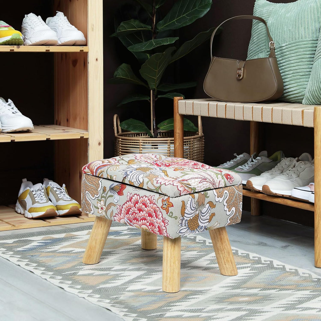 Small Storage Ottoman with Wood Legs, Boho Floral Upholstered Footrest | Hidden Storage Ottoman: Removable Lid Stores Blankets, Toys And Remotes; Doubles As A Footrest Stool