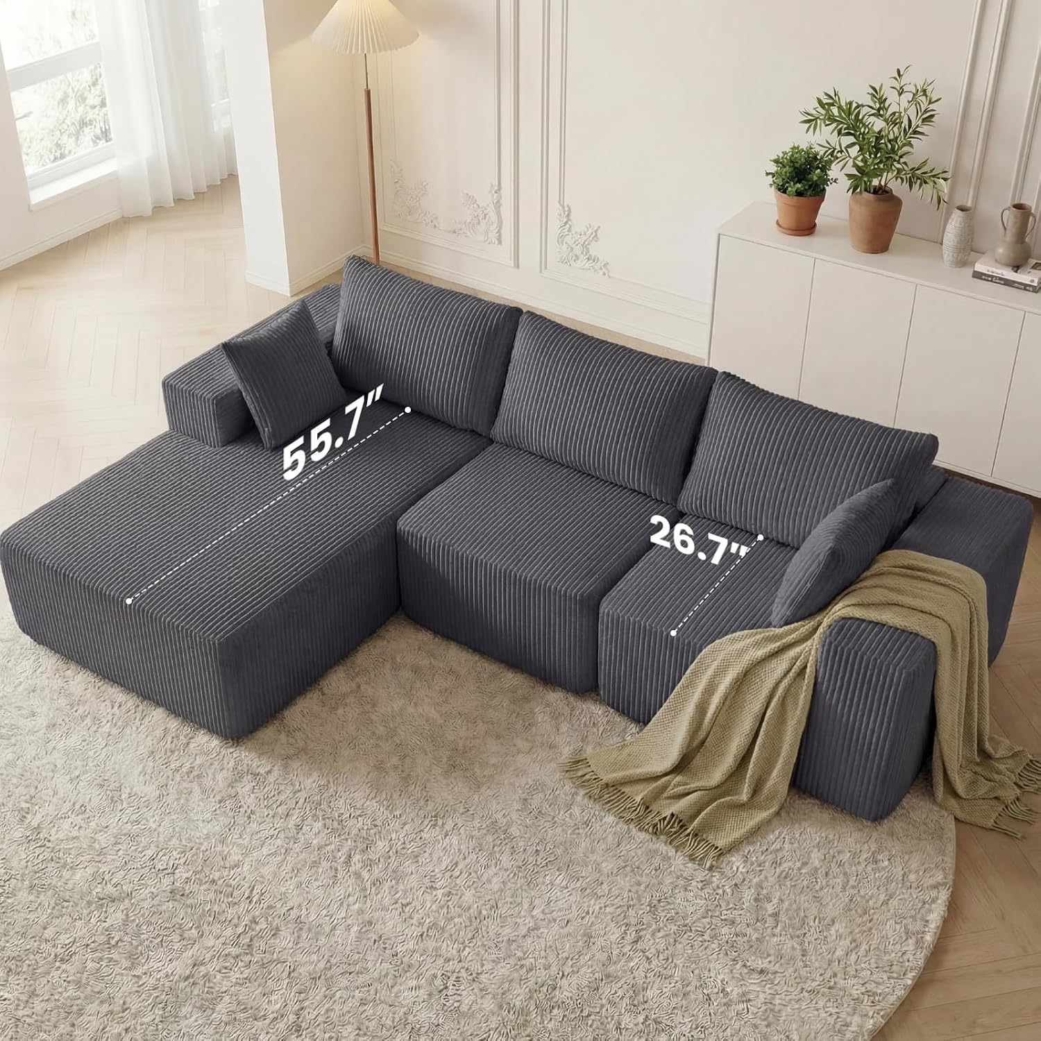 DUMOS 105" L-Shaped Sectional Couch, Left Facing Chaise | Upholstered Corduroy Sofa with 55.7'' Deep Seat for Living Room, Small Apartment, No Assembly in a Box, Grey