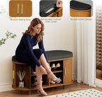 DHH 2-Tier Storage Bench,Wide Shoe Bench with Thickened Padded Seat Cushion, Mid Century Modern Fluted Sliding Door and Adjustable Shelf, for Entryway, Living Room, Bedroom (Yellow Walnut, 35.4“)