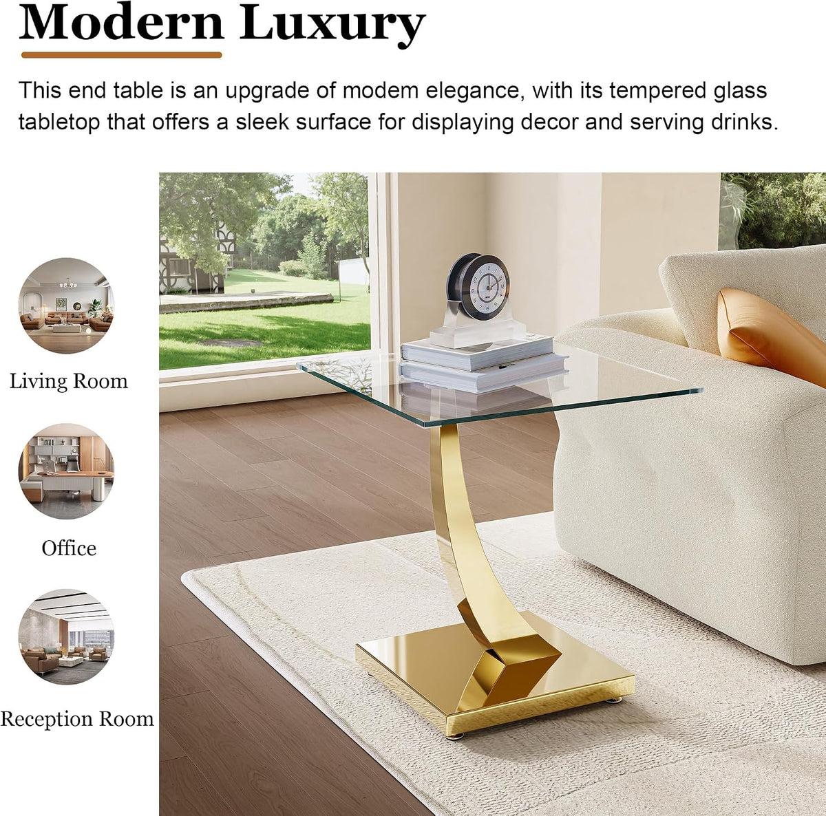 23" Glass End Table, Modern Square Side Table with Tempered Glass Top and Gold Horn-Shaped Stainless Steel Base for Apartment, Office