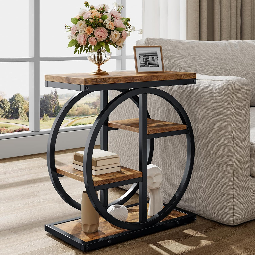 End Tables for Living Room, 4-Tier Narrow Side Table with Storage Space, Wood Slim Sofa Side Table with Geometric Metal Frame, Industrial Skinny Nightstand and Bedside Table, Rustic Brown