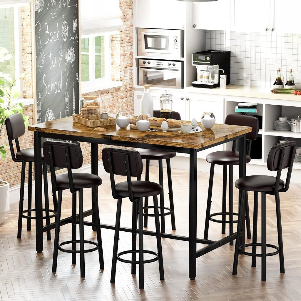 Recaceik 50" Dining Table Set for 6, 7-Piece Counter Height Bar Table Set with Upholstered Stools, Space-Saving Modern Pub Set for Kitchen, Breakfast Nook & Home Bar, Rustic Brown