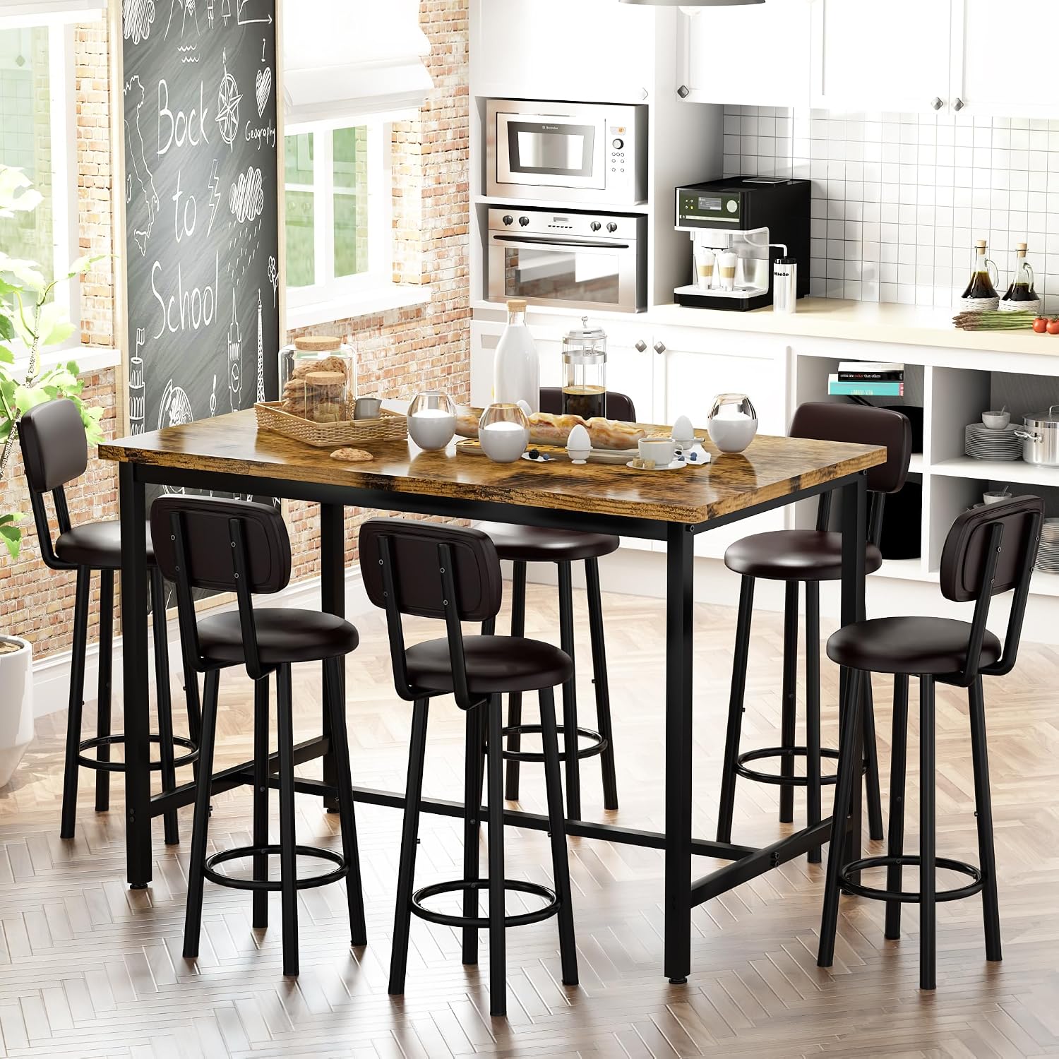 Recaceik 50" Dining Table Set for 6, 7-Piece Counter Height Bar Table Set with Upholstered Stools, Space-Saving Modern Pub Set for Kitchen, Breakfast Nook & Home Bar, Rustic Brown