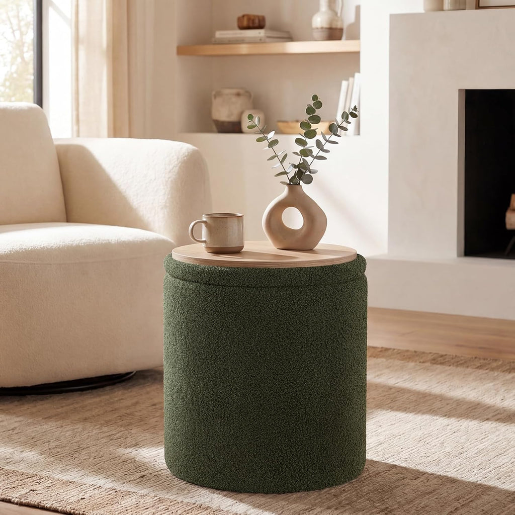 Joveco 14.5" Small Ottoman with Storage, Teddy Velvet Foot Rest Stool with Reversible Wood Tray Lid, Round Storage Ottoman Coffee Table, Vanity Stool for Living Room, Olive Green